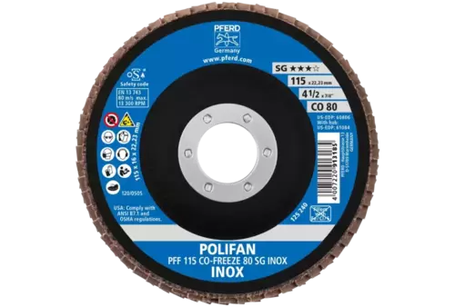 Ściernica listkowa POLIFAN PFF 115 × 22,23 mm płaska CO-FREEZE 80 linia wydajna SG INOX stal nierdzewna 2