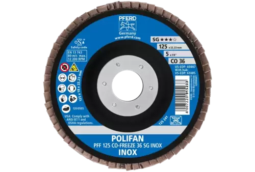 Ściernica listkowa POLIFAN PFF 125 × 22,23 mm płaska CO-FREEZE 36 linia wydajna SG INOX stal nierdzewna 2