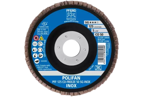 Ściernica listkowa POLIFAN PFF 125 × 22,23 mm płaska CO-FREEZE 50 linia wydajna SG INOX stal nierdzewna 2