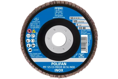 Ściernica listkowa POLIFAN PFF 125 × 22,23 mm płaska CO-FREEZE 80 linia wydajna SG INOX stal nierdzewna 2