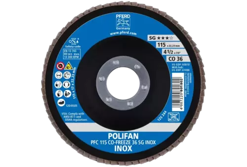 Ściernica listkowa POLIFAN PFC 115 × 22,23 mm stożkowa CO-FREEZE 36 SG INOX stal nierdzewna 2