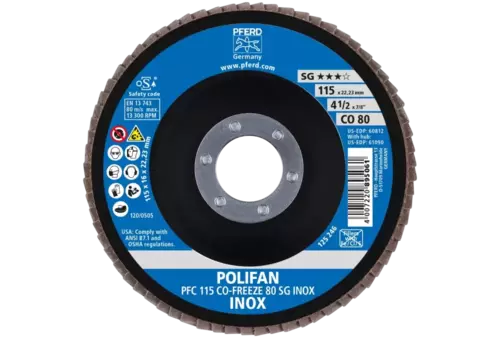 Ściernica listkowa POLIFAN PFC 115 × 22,23 mm stożkowa CO-FREEZE 80 SG INOX stal nierdzewna 2