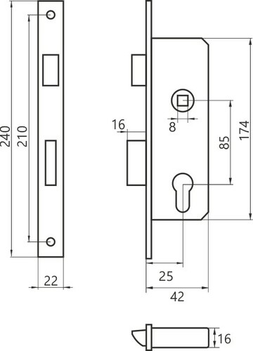 Zamek do drzwi 85/25 wpuszczany na wkładkę bębenkową LOB Z825B-22 2