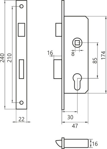Zamek do drzwi 85/30 wpuszczany na wkładkę bębenkową LOB Z830B-22 2