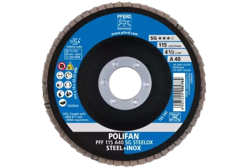 Ściernica listkowa POLIFAN PFF 115 × 22,23 mm płaska A40 linia wydajna SG STEELOX stal/stal nierdzewna 2