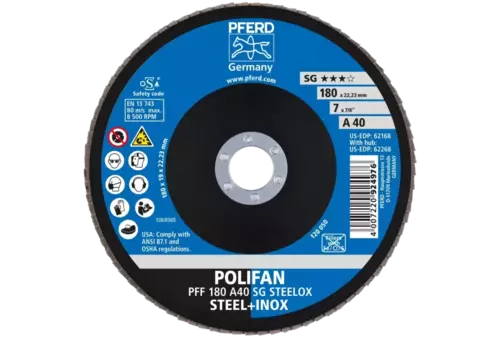 Ściernica listkowa POLIFAN PFF 180 × 22,23 mm płaska A40 linia wydajna SG STEELOX stal/stal nierdzewna 2