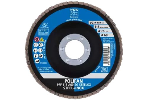 Ściernica listkowa POLIFAN PFF 115 × 22,23 mm płaska A60 linia wydajna SG STEELOX stal/stal nierdzewna 2