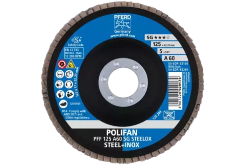 Ściernica listkowa POLIFAN PFF 125 × 22,23 mm płaska A60 linia wydajna SG STEELOX stal/stal nierdzewna 2