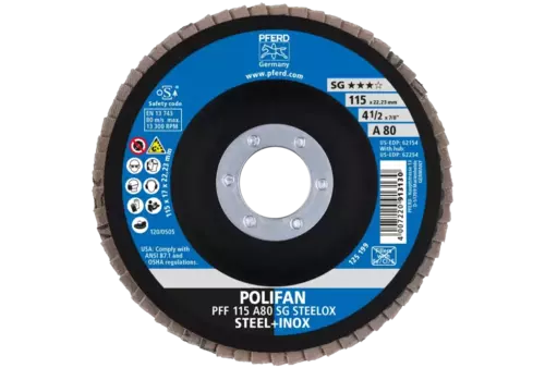 Ściernica listkowa POLIFAN PFF 115 × 22,23 mm płaska A80 linia wydajna SG STEELOX stal/stal nierdzewna 3