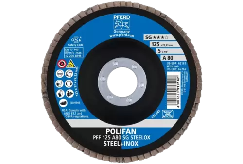 Ściernica listkowa POLIFAN PFF 125 × 22,23 mm płaska A80 linia wydajna SG STEELOX stal/stal nierdzewna 2