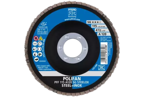 Ściernica listkowa POLIFAN PFF 115 × 22,23 mm płaska A120 linia wydajna SG STEELOX stal/stal nierdzewna 2