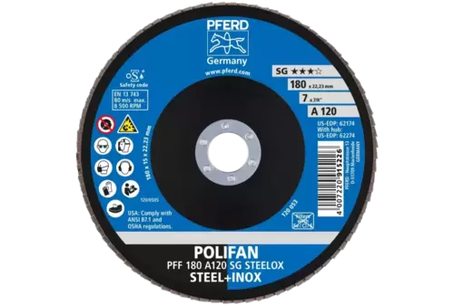 Ściernica listkowa POLIFAN PFF 180 × 22,23 mm płaska A120 linia wydajna SG STEELOX stal/stal nierdzewna 2