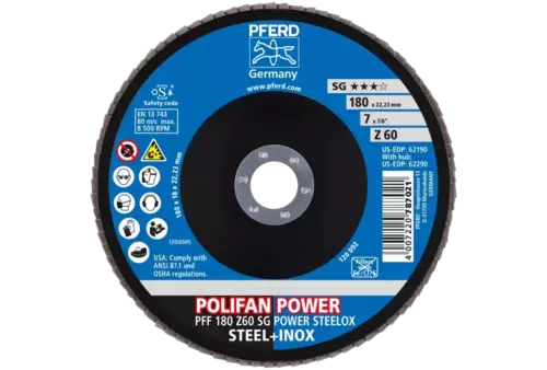 Ściernica listkowa POLIFAN POWER PFF 180 × 22,23 mm płaska Z60 SG STEELOX stal/stal nierdzewna 2