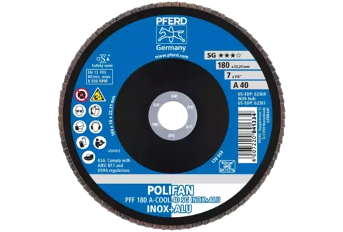Ściernica listkowa POLIFAN PFF 180 × 22,23 mm płaska A-COOL 40 SG INOX+ALU stal nierdzewna/aluminium 2
