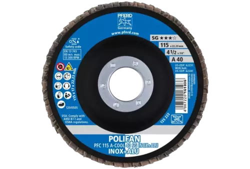 Ściernica listkowa POLIFAN PFC 115 × 22,23 mm stożkowa A-COOL 40 SG INOX+ALU stal nierdzewna/aluminium 2