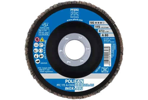Ściernica listkowa POLIFAN PFC 115 × 22,23 mm stożkowa A-COOL 80 SG INOX+ALU stal nierdzewna/aluminium 2