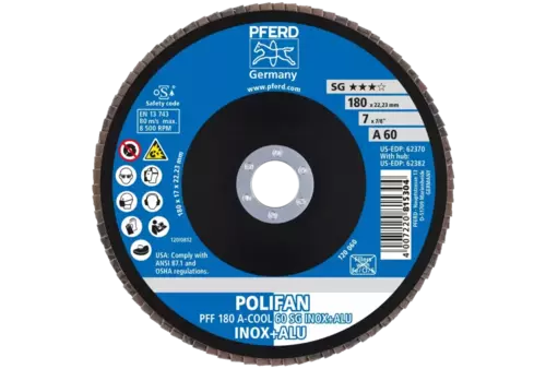 Ściernica listkowa POLIFAN PFF 180 × 22,23 mm płaska A-COOL 60 SG INOX+ALU stal nierdzewna/aluminium 2