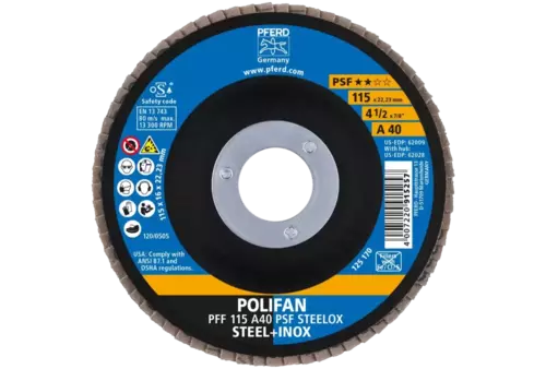 Ściernica listkowa POLIFAN PFF 115 × 22,23 mm płaska A40 linia uniwersalna PSF STEELOX stal/stal nierdzewna 2