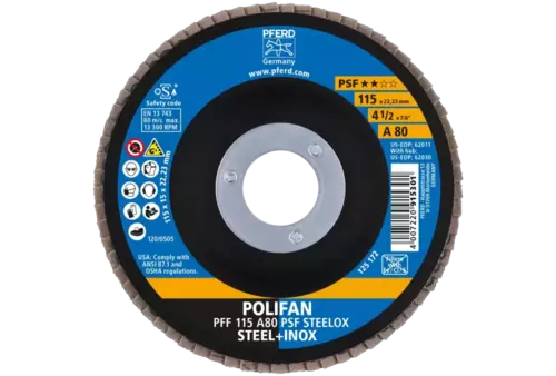 Ściernica listkowa POLIFAN PFF 115 × 22,23 mm płaska A80 linia uniwersalna PSF STEELOX stal/stal nierdzewna 2