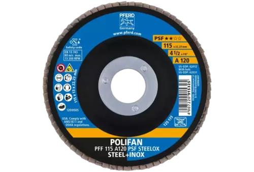 Ściernica listkowa POLIFAN PFF 115 × 22,23 mm płaska A120 linia uniwersalna PSF STEELOX stal/stal nierdzewna 2