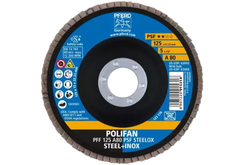 Ściernica listkowa POLIFAN PFF 125 × 22,23 mm płaska A80 linia uniwersalna PSF STEELOX stal/stal nierdzewna 2