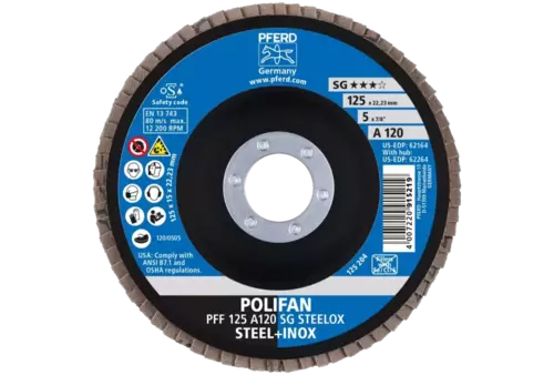 Ściernica listkowa POLIFAN PFF 125 × 22,23 mm płaska A120 linia uniwersalna PSF STEELOX stal/stal nierdzewna 2