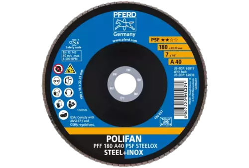 Ściernica listkowa POLIFAN PFF 180 × 22,23 mm płaska A40 linia uniwersalna PSF STEELOX stal/stal nierdzewna 2