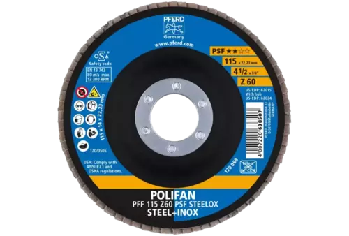 Ściernica listkowa POLIFAN PFF 115 × 22,23 mm płaska Z60 linia uniwersalna PSF STEELOX stal/stal nierdzewna 2