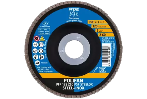 Ściernica listkowa POLIFAN PFF 125 × 22,23 mm płaska Z60 linia uniwersalna PSF STEELOX stal/stal nierdzewna 2