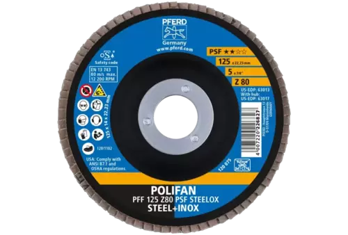 Ściernica listkowa POLIFAN PFF 125 × 22,23 mm płaska Z80 linia uniwersalna PSF STEELOX stal/stal nierdzewna 2