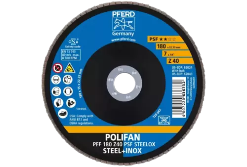 Ściernica listkowa POLIFAN PFF 180 × 22,23 mm płaska Z40 linia uniwersalna PSF STEELOX stal/stal nierdzewna 2