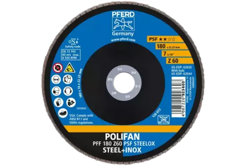 Ściernica listkowa POLIFAN PFF 180 × 22,23 mm płaska Z60 linia uniwersalna PSF STEELOX stal/stal nierdzewna 2