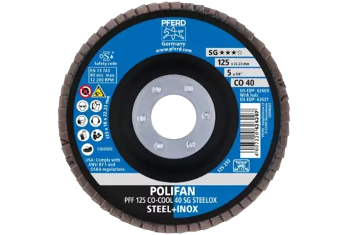 Ściernica listkowa POLIFAN PFF 125 × 22,23 mm płaska CO-COOL 40 SG STEELOX stal/stal nierdzewna 2