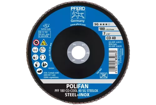 Ściernica listkowa POLIFAN PFF 180 × 22,23 mm płaska CO-COOL 40 SG STEELOX stal/stal nierdzewna 2