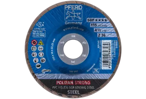 Ściernica listkowa POLIFAN STRONG PFC 115 × 22,23 mm stożkowa Z36 linia specjalna SGP STEEL do stali 2