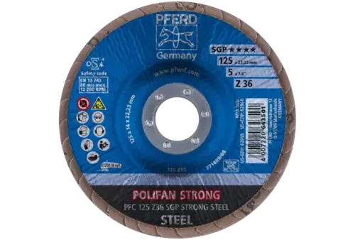 Ściernica listkowa POLIFAN STRONG PFC 125 × 22,23 mm stożkowa Z36 linia specjalna SGP STEEL do stali 2