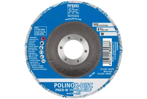 Dysk z włókniny prasowanej POLINOX PNER Ø 115 mm do otworu Ø 22,23 mm miękki SIC drobnoziarnisty do wykańczania 3