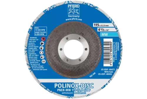Dysk z włókniny prasowanej POLINOX PNER Ø 115 mm do otworu Ø 22,23 mm średnio miękki SIC drobnoziarnisty do wykańczania 3