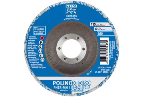 Dysk z włókniny prasowej POLINOX PNER Ø 115 mm do otworu Ø 22,23 mm średnio twardy SIC drobnoziarnisty do wykańczania 3