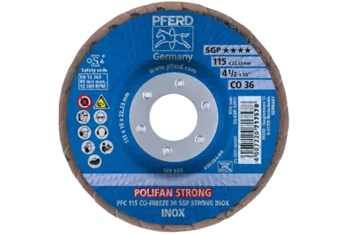 Ściernica listkowa POLIFAN STRONG PFC 115 × 22,23 mm stożkowa CO-FREEZE 36 SGP INOX do stali nierdzewnej 2