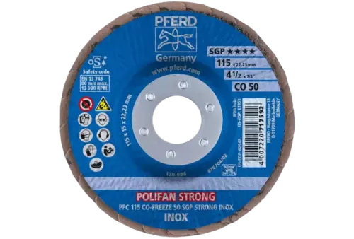 Ściernica listkowa POLIFAN STRONG PFC 115 × 22,23 mm stożkowa CO-FREEZE 50 SGP INOX do stali nierdzewnej 2