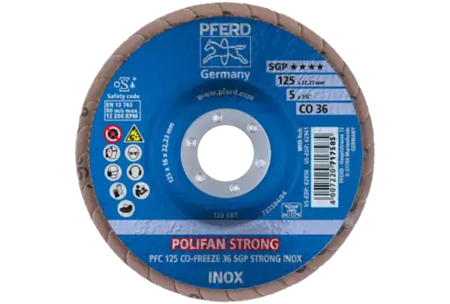 Ściernica listkowa POLIFAN STRONG PFC 125 × 22,23 mm stożkowa CO-FREEZE 36 SGP INOX do stali nierdzewnej 2