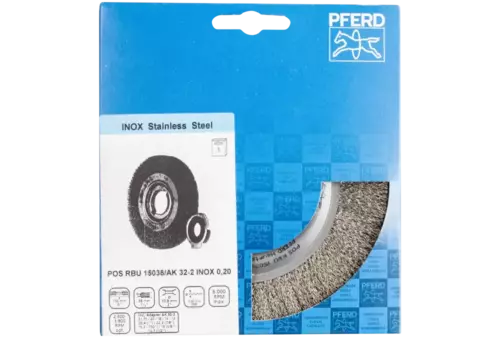 Szczotka tarczowa szeroka niepleciona RBU Ø 150 × 38x różne otwory drut ze stali nierdzewnej Ø 0,20 szlifierka stacjonarna 2