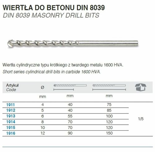 Wiertło do betonu cylindryczne 12x150mm (90 mm) DIN 8039 Beta BM1916 3