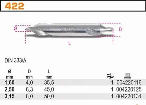Wiertło centrujące nawiertak nakiełków 3,15mm 60° HSS Beta 422/3.15 2