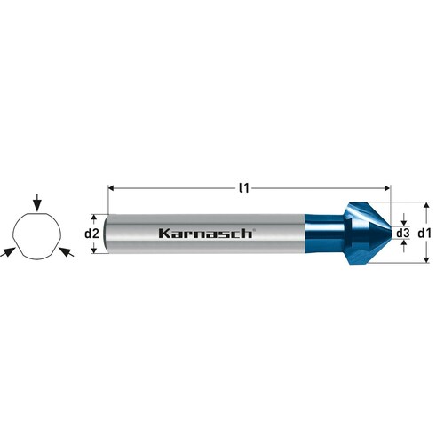 Pogłębiacz stożkowy 20,5mm 90° HSS-XE z powłoką BLUE-TEC uchwyt 3-fazowany DIN 335 Karnasch 201745190 2