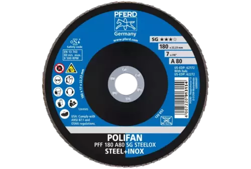 Ściernica listkowa POLIFAN PFF 180 × 22,23 mm płaska A80 linia wydajna SG STEELOX stal/stal nierdzewna 2