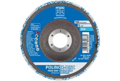 Dysk z włókniny prasowanej POLINOX PNER Ø 125 mm do otworu Ø 22,23 mm średnio miękki SIC drobnoziarnisty do wykańczania 3