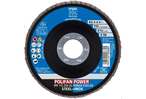 Ściernica listkowa POLIFAN POWER PFF 115 x 22,23 mm płaska Z50 linia wydajna SG STEELOX do stali/stali szlachetnej 2