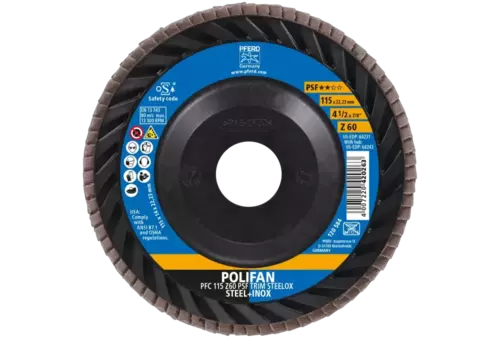 Ściernica listkowa POLIFAN PFC 115 x 22,23 mm stożkowa Z60 linia uniwersalna PSF TRIM STEELOX do stali/stali szlachetnej 2